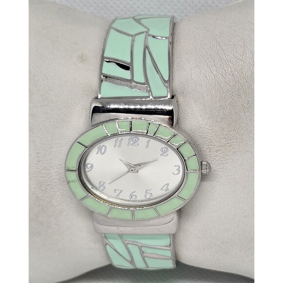 Accessories - Women's Classic Oval Silver Tone Dial Case Milk Green Cuff Bracelet Watch 13